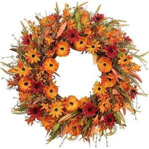 22" Artificial‎ Orange Daisy Wreath with Wildflowers Berries for Indoor Outdoor